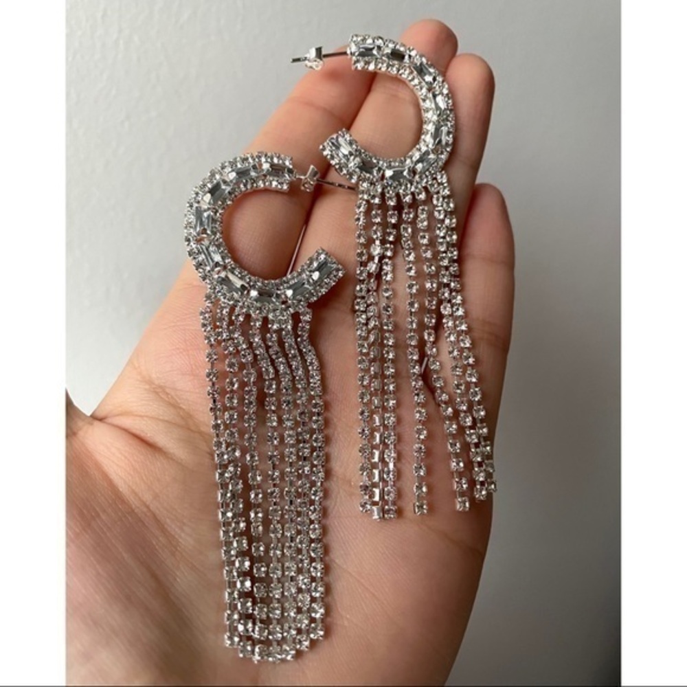 Silver Dangling Rhinestone Earrings | Handcrafted | New